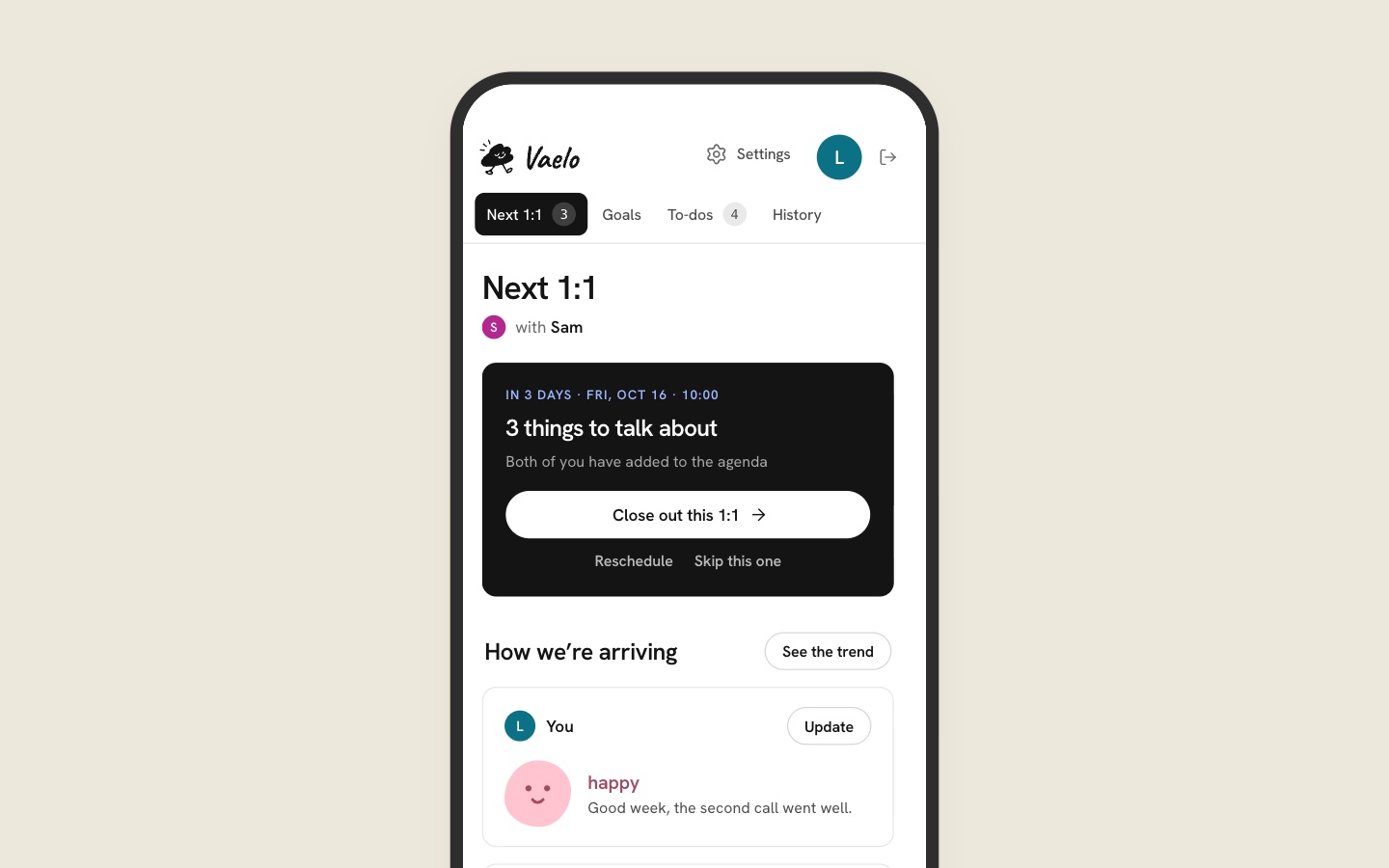 The Next 1:1 page on a phone