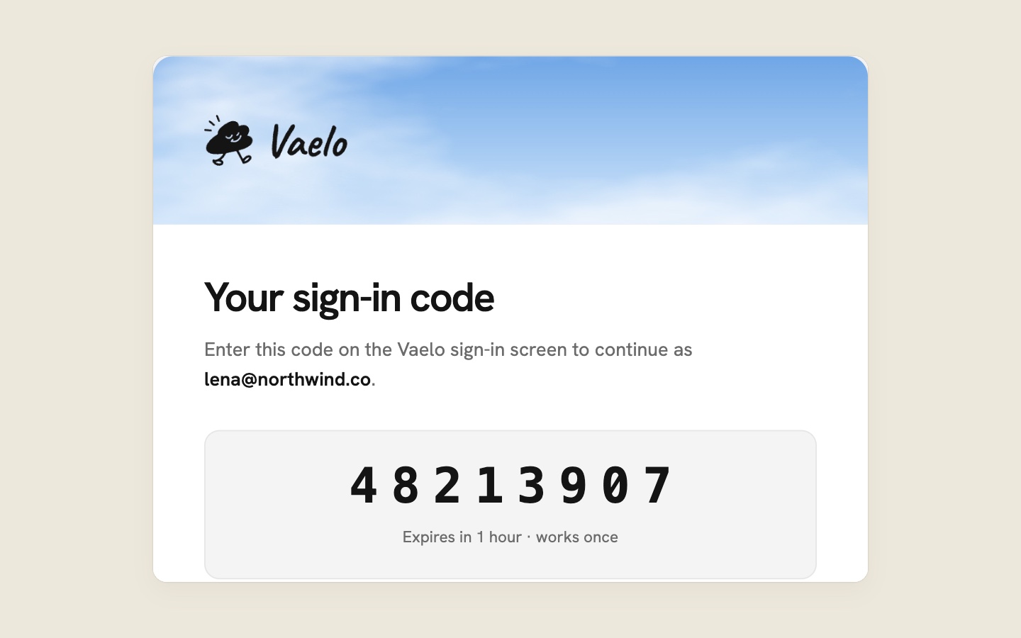 The sign-in email with an eight-digit code