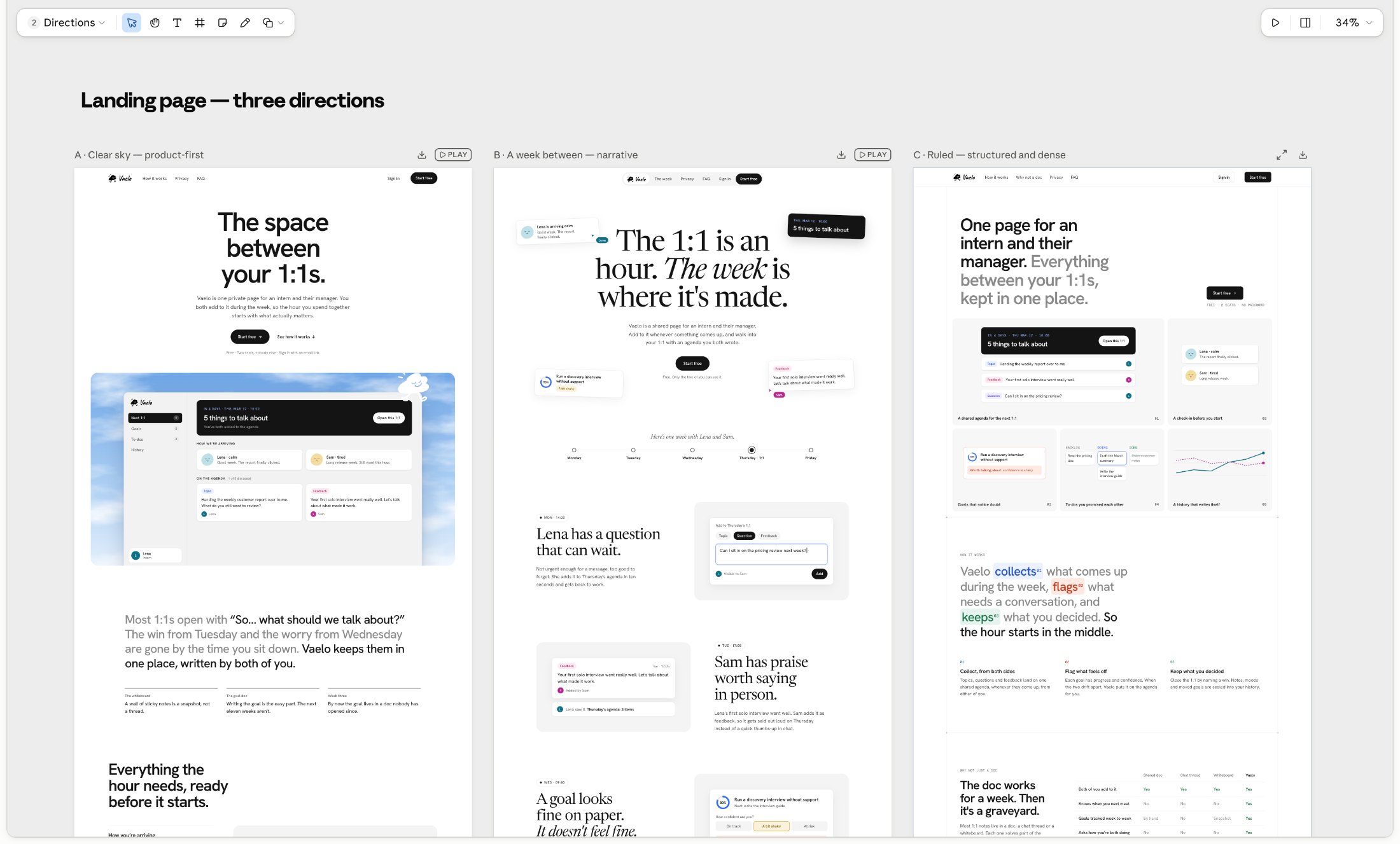 Three landing page directions side by side: Clear sky, A week between and Ruled