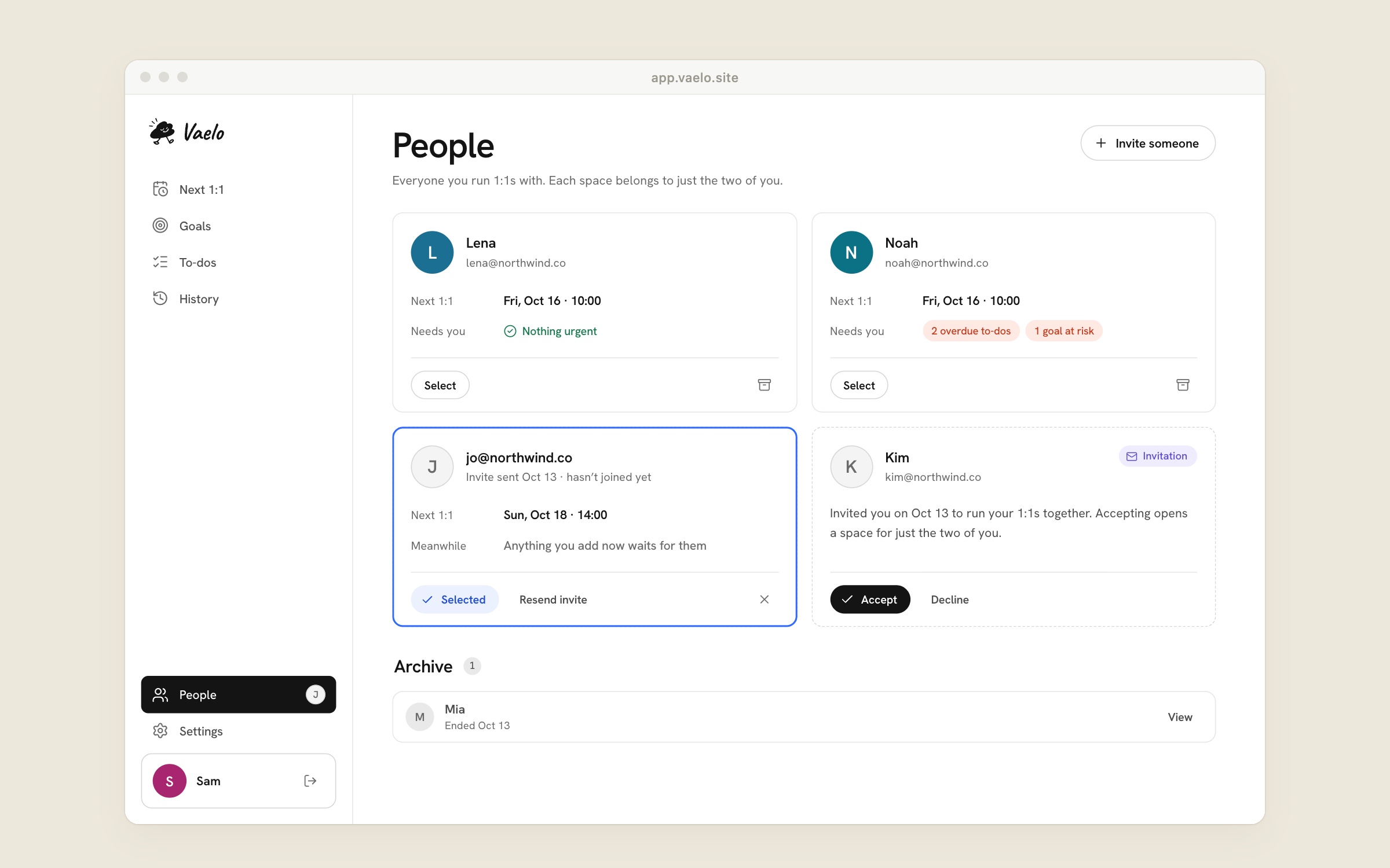 The People page: two reports, a pending invite, an invitation to accept and the archive
